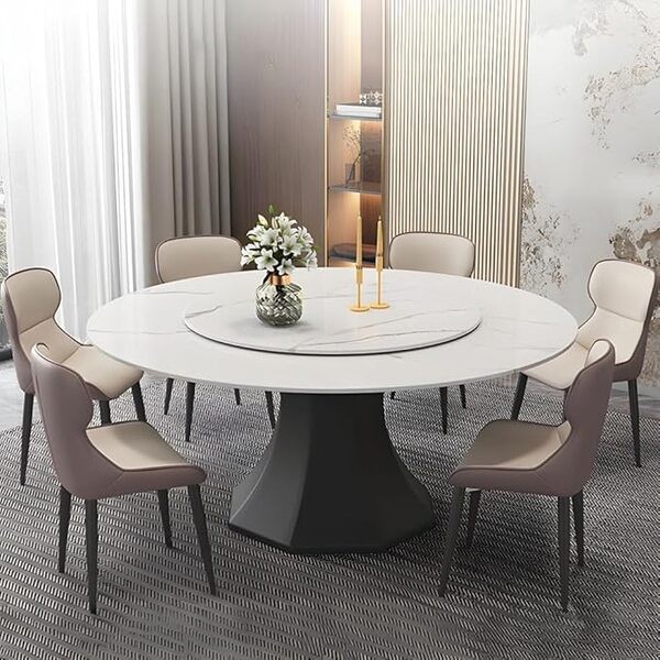 LITFAD Dining Table Set Marble Table with Dining Chairs 7 Piece Set Dining Room Table Set Modern Round Rotating Table for Home Restaurant Kitchen-53 L x 53" W x 29.5" H Table with 6 Dining Chairs